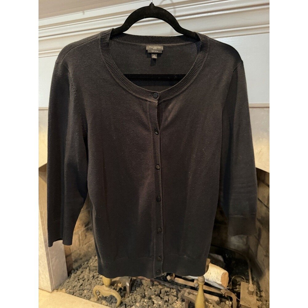 Talbots Sweater Womens Large Petite Black Cardigan V Neck Button Front